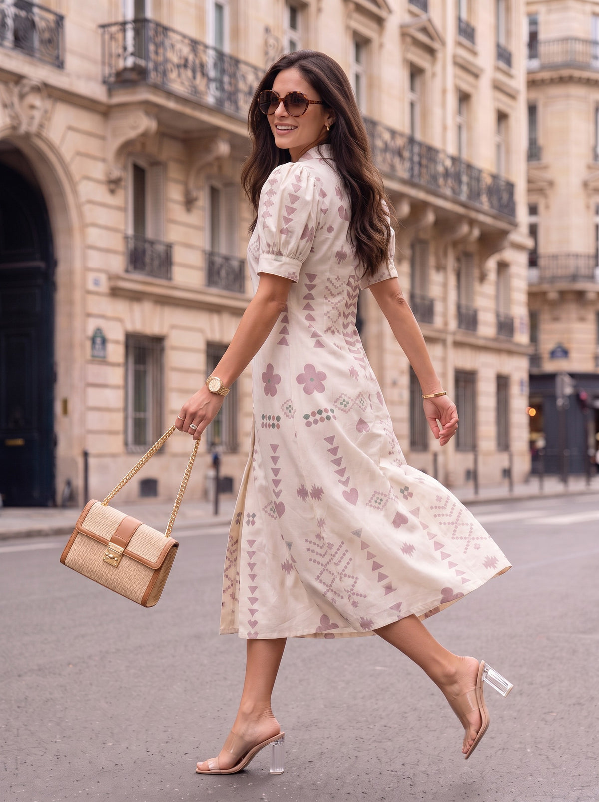 Cream Dusty Rose Aztec Geometric Print Collared Puff Sleeve Midi Dress - Seated on Paris steps with rattan bag