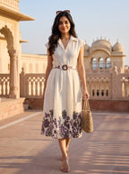 Ivory Mughal Floral Border Belted Midi Dress - Walking with woven tote