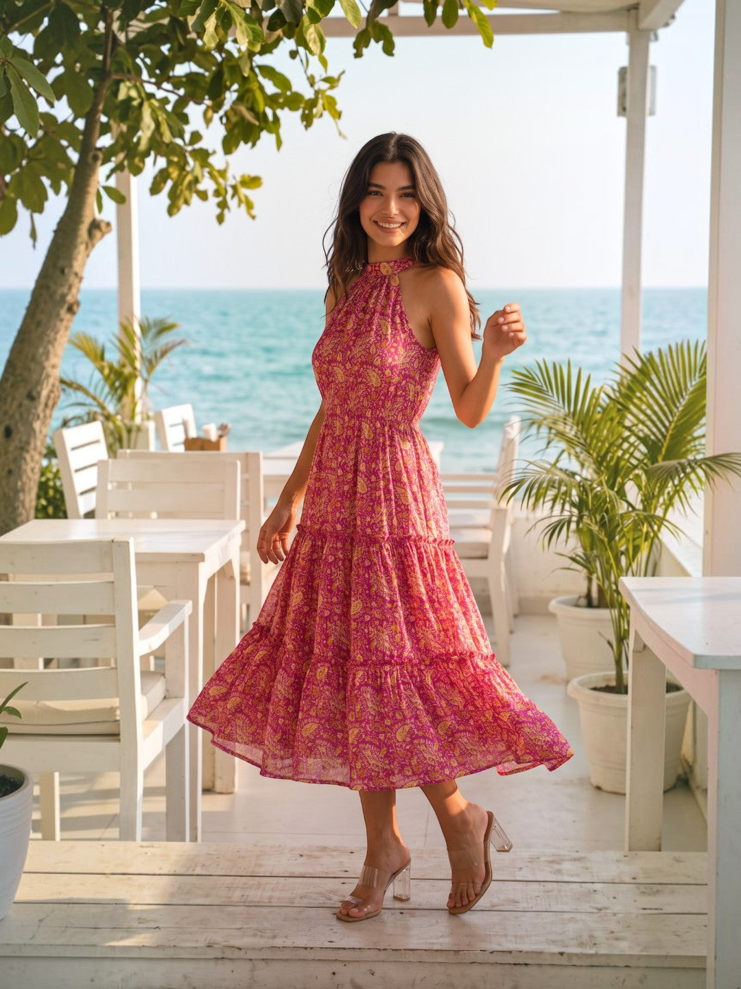 Magenta Muse Paisley Halter Neck Tiered Maxi Dress