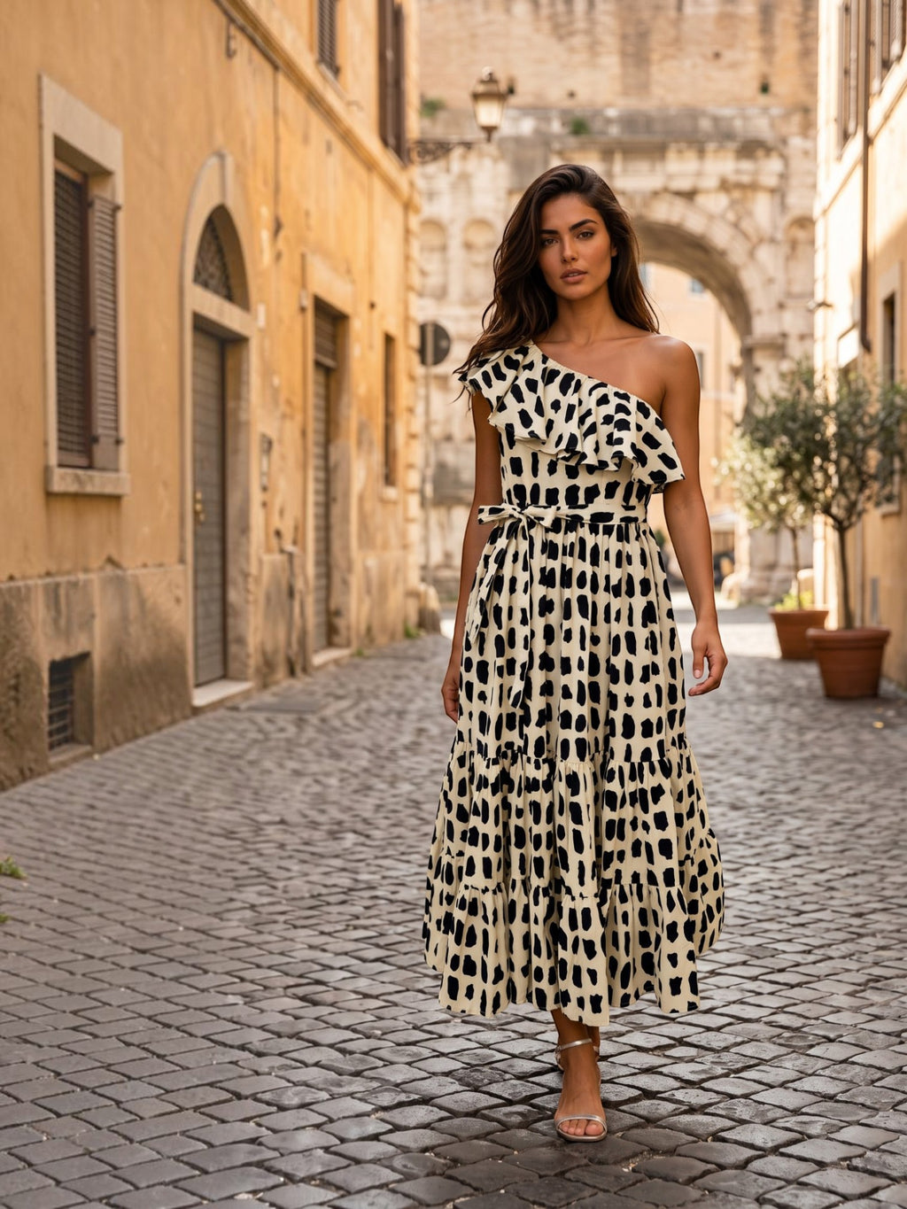 Onyx Cascade One-Shoulder | Maxi Dress