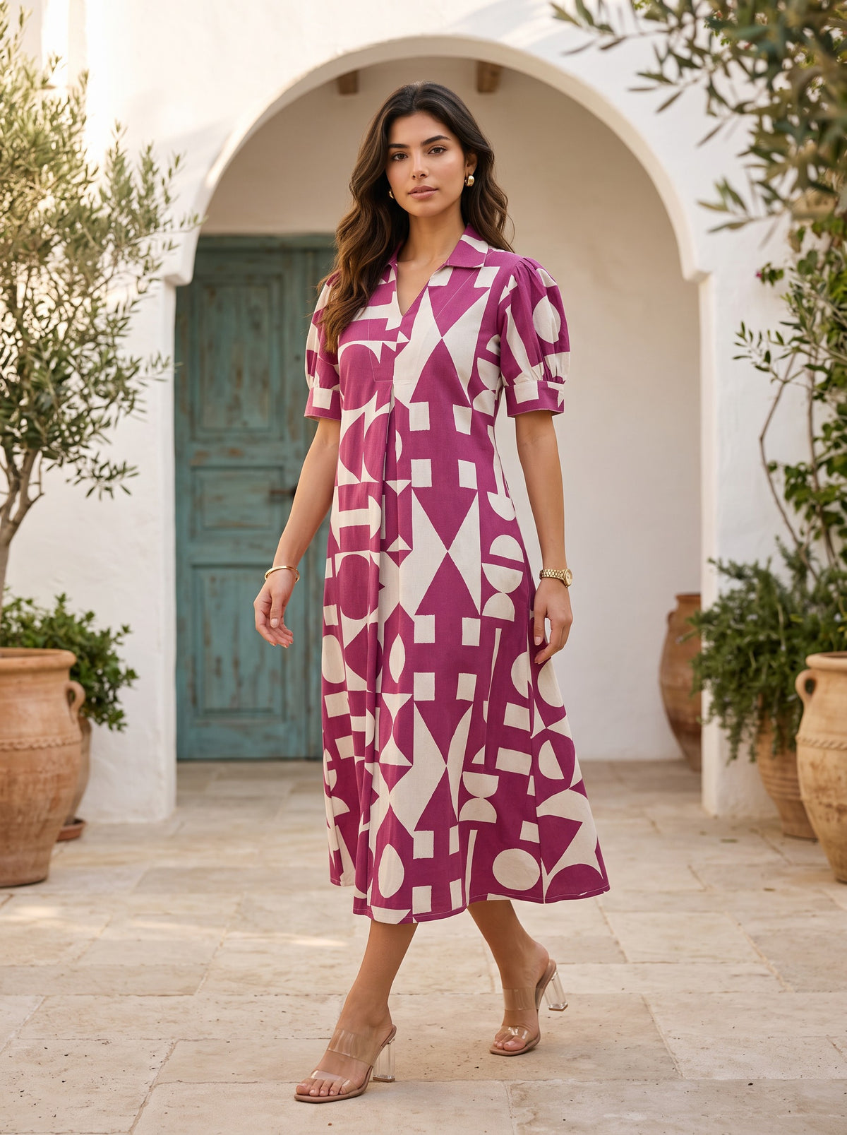 Magenta Cream Bold Geometric Print Collared Puff Sleeve Midi Dress - Full length walking with structured black bag