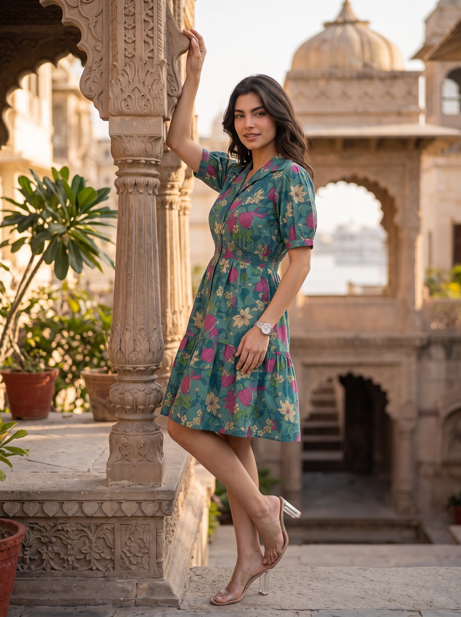 Emerald Blossom – Pure Cotton Floral Printed Mini Dress