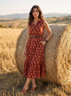 Rustic Ember – Pure Cotton Ikat Printed Midi Dress