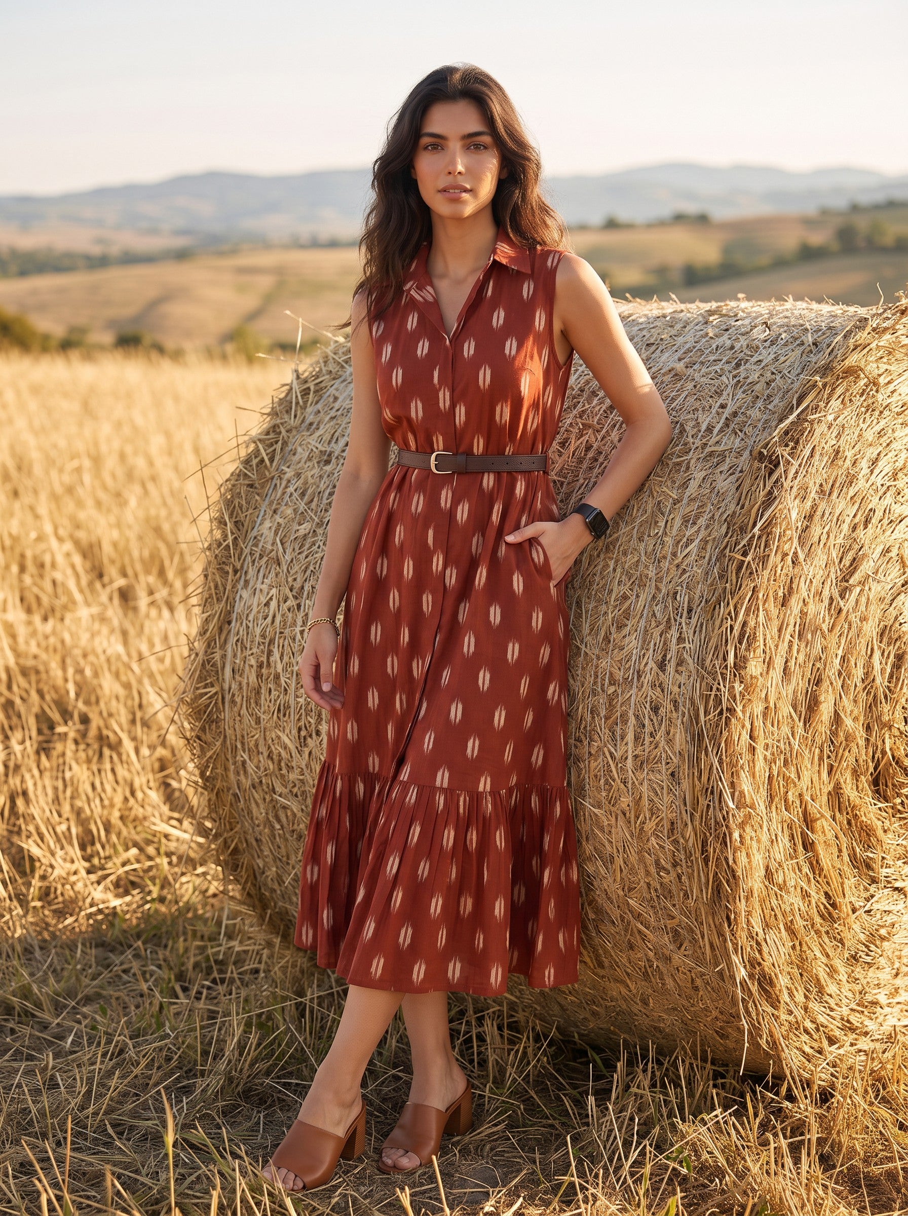 Rustic Ember – Pure Cotton Ikat Printed Midi Dress