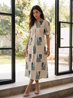 Ivory & Teal Printed Midi Dress
