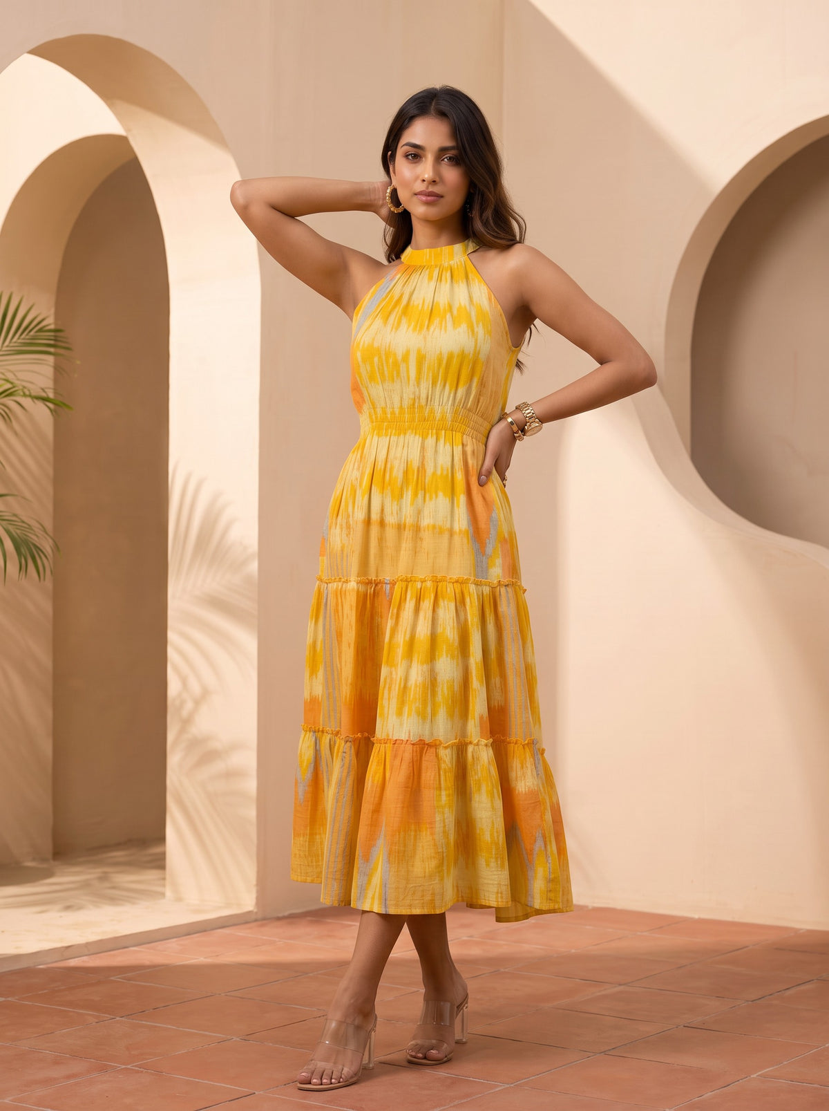 Solara Ikat | Halter Tiered Midi Dress