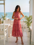 Women's Pure Cotton Printed Midi Dress | Halter Neck | Sleeveless | Tiered Flared Dress | Pink