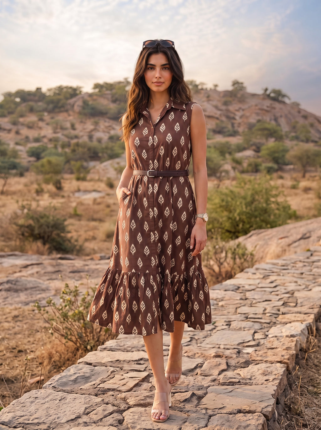 Brown Ikat Print Sleeveless Belted Midi Dress - Back view walking