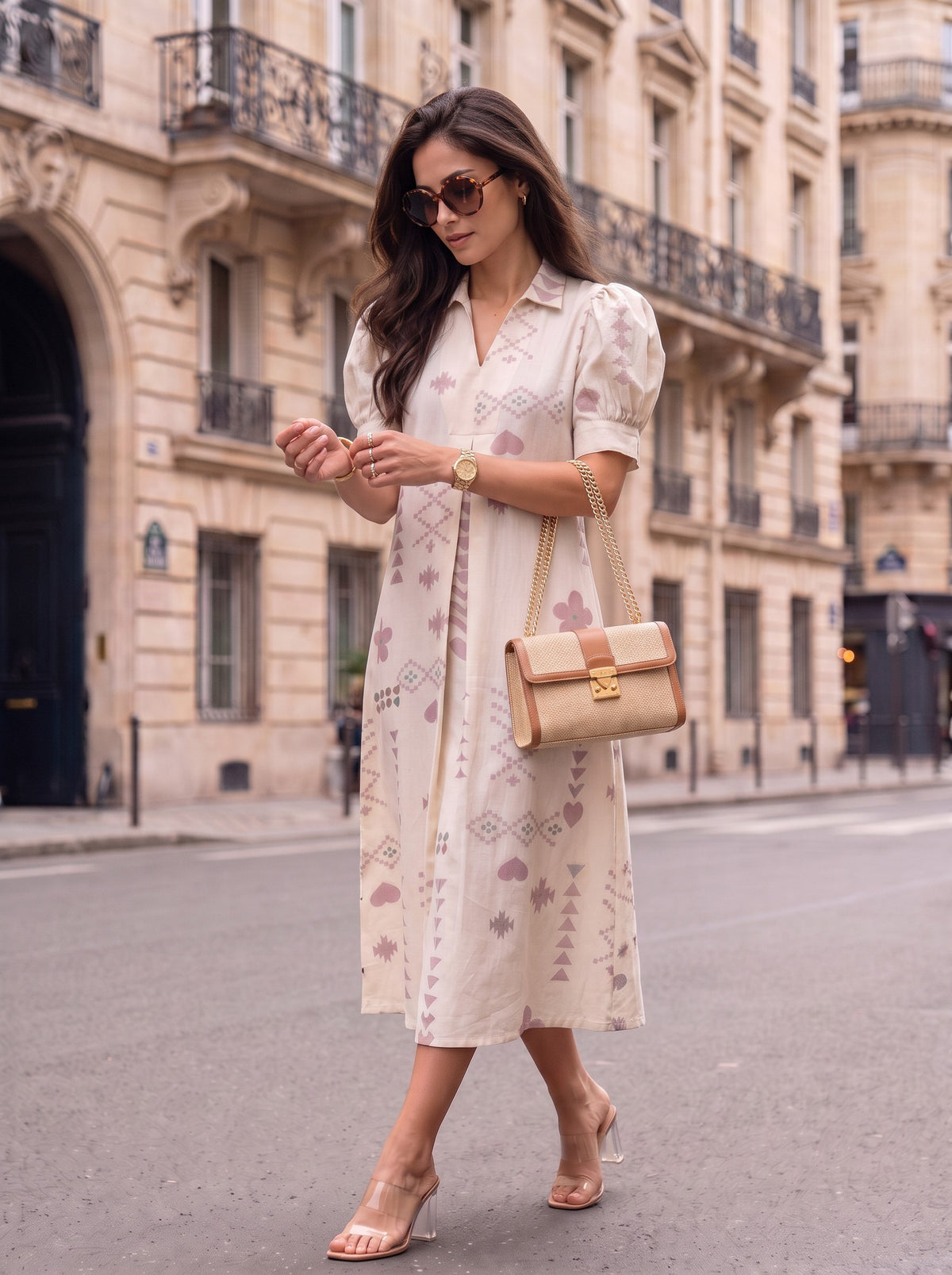 Cream Dusty Rose Aztec Geometric Print Collared Puff Sleeve Midi Dress - Walking full length smiling on Paris street