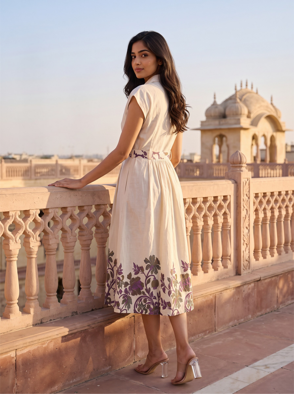 Ivory Mughal Floral Border Belted Midi Dress - Editorial close up seated