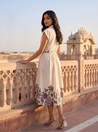 Women's Pure Cotton Floral Printed Midi Dress | Shirt Collar | Cap Sleeves | Belted Midi Dress | Off White