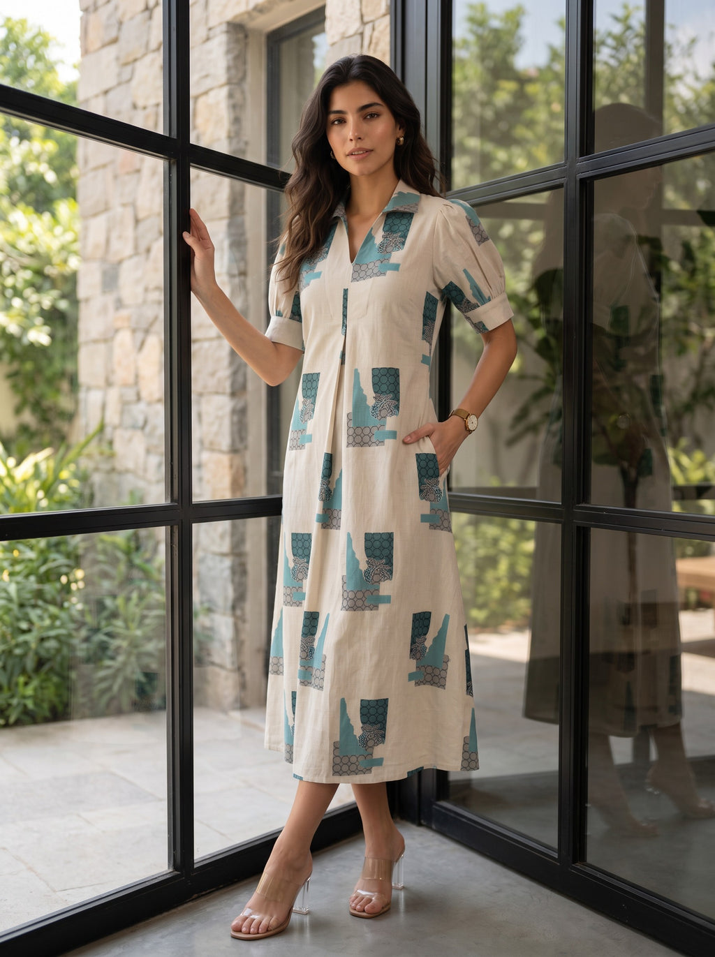 Ivory & Teal Printed Midi Dress