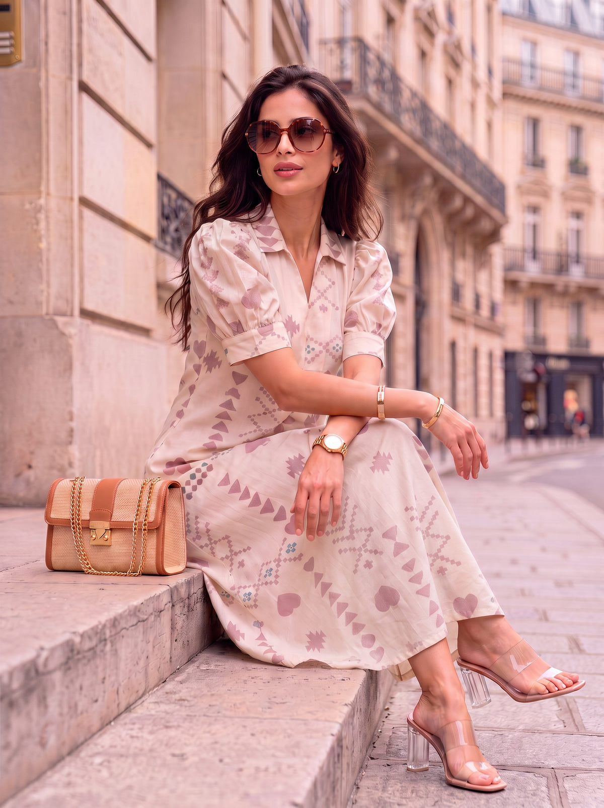 Cream Dusty Rose Aztec Geometric Print Collared Puff Sleeve Midi Dress - Close up adjusting bracelet walking
