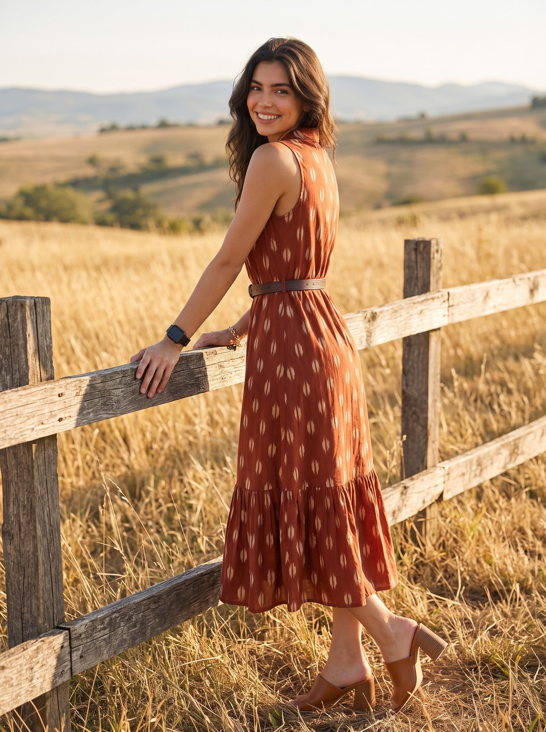 Rustic Ember – Pure Cotton Ikat Printed Midi Dress
