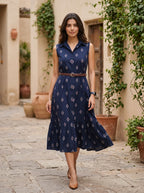 Midnight Grace – Pure Cotton Ikat Printed Midi Dress