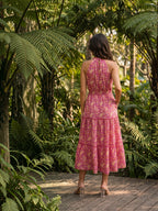 Women's Pure Cotton Printed Midi Dress | Halter Neck | Sleeveless | Tiered Flared Dress | Pink