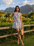 White Navy Block Print Collared Sleeveless Mini Dress - Editorial close up smiling