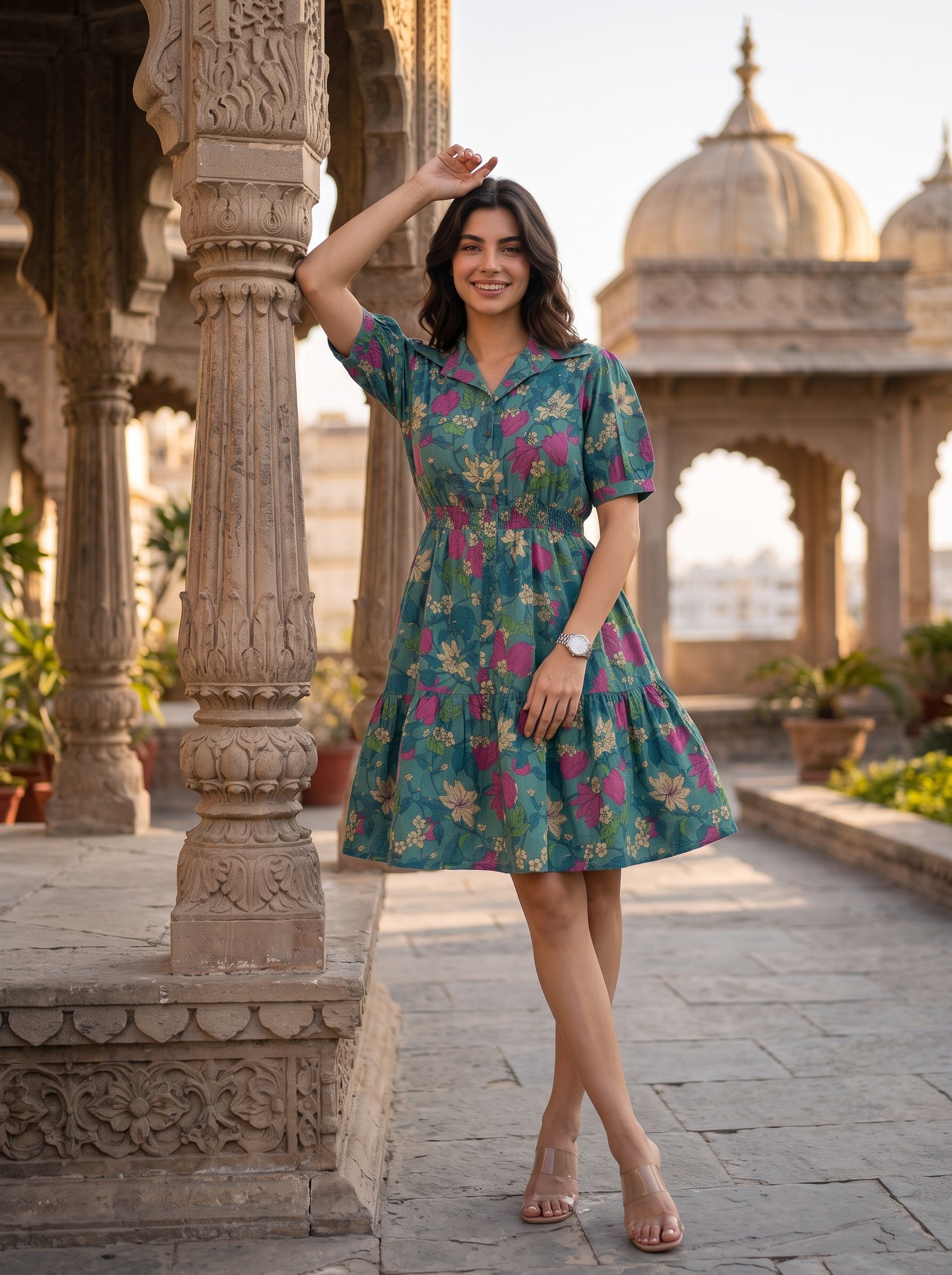 Emerald Blossom – Pure Cotton Floral Printed Mini Dress