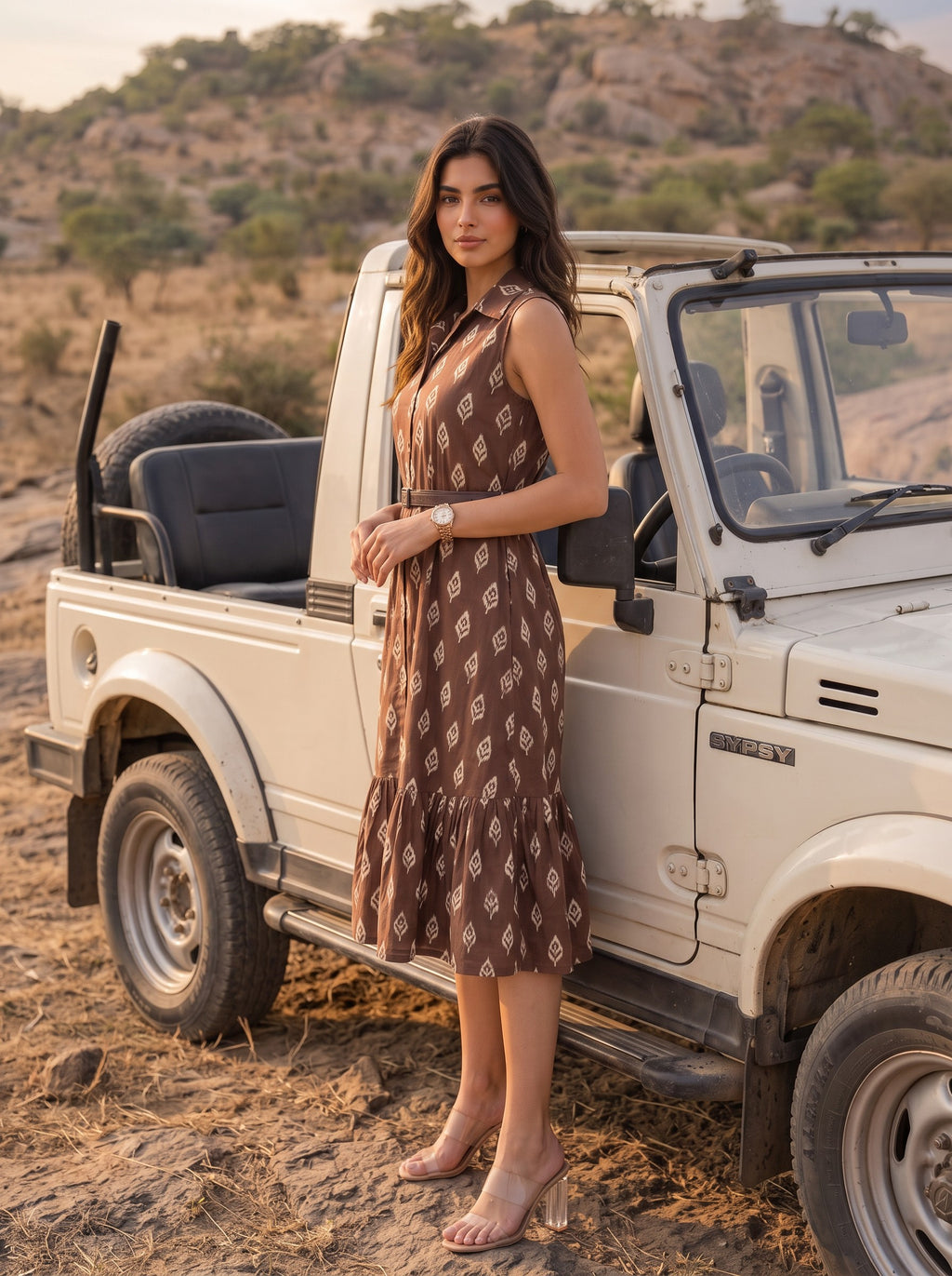 Brown Ikat Print Sleeveless Belted Midi Dress - Desert landscape editorial