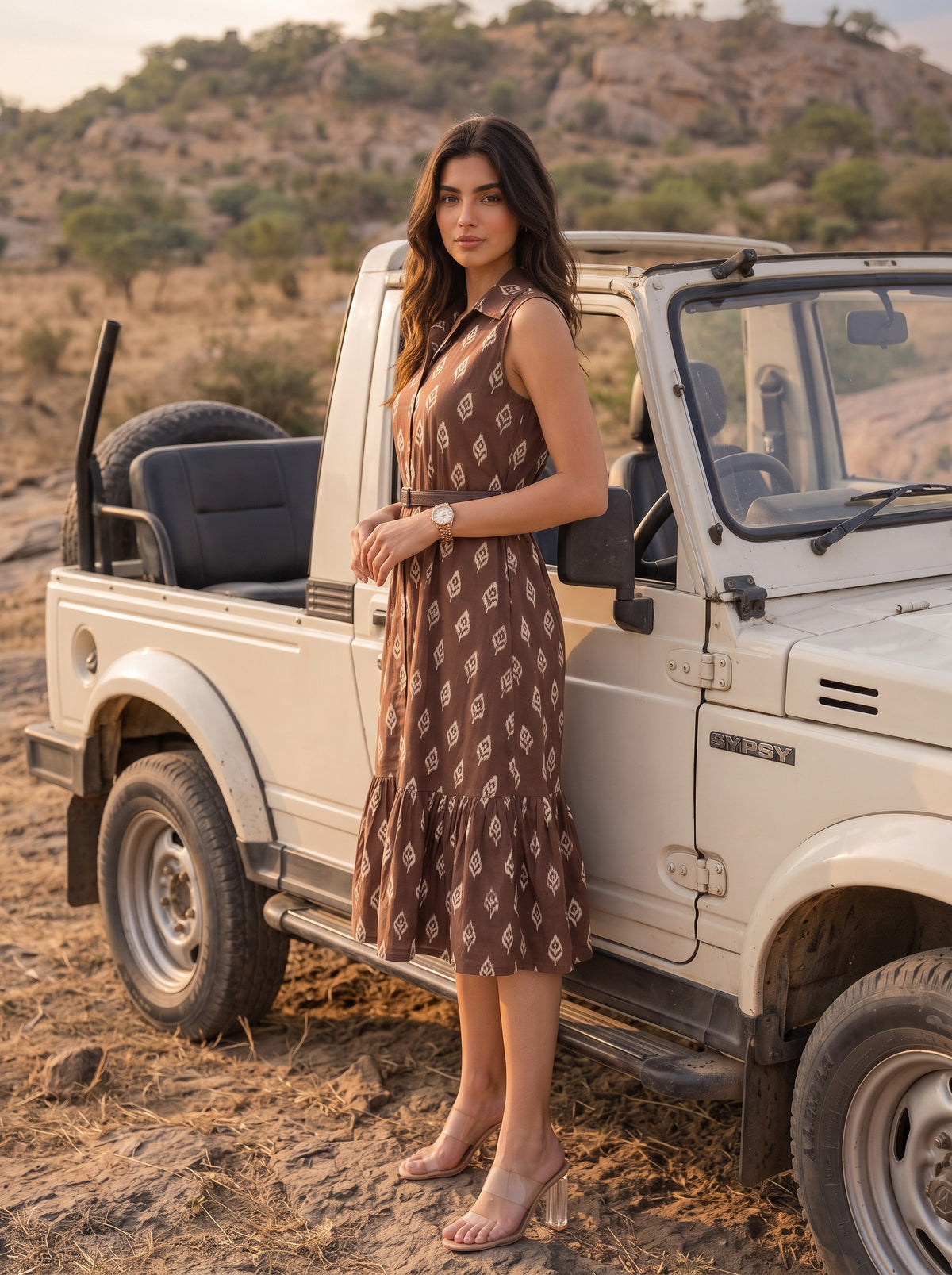Brown Ikat Print Sleeveless Belted Midi Dress - Desert landscape editorial