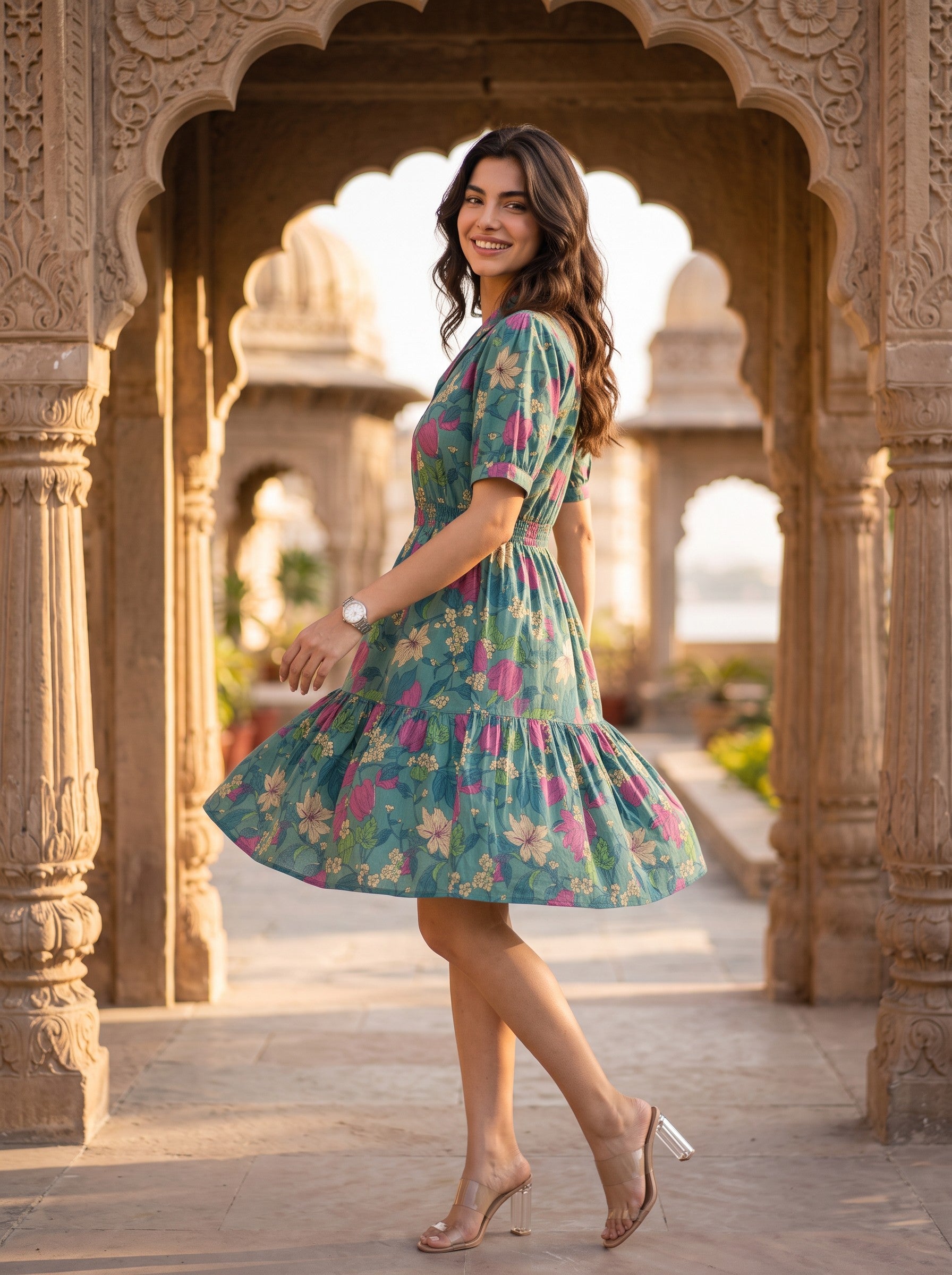 Emerald Blossom – Pure Cotton Floral Printed Mini Dress
