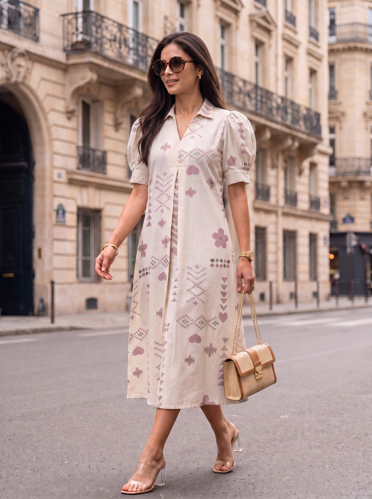 Cream Dusty Rose Aztec Geometric Print Collared Puff Sleeve Midi Dress - Editorial close up smiling
