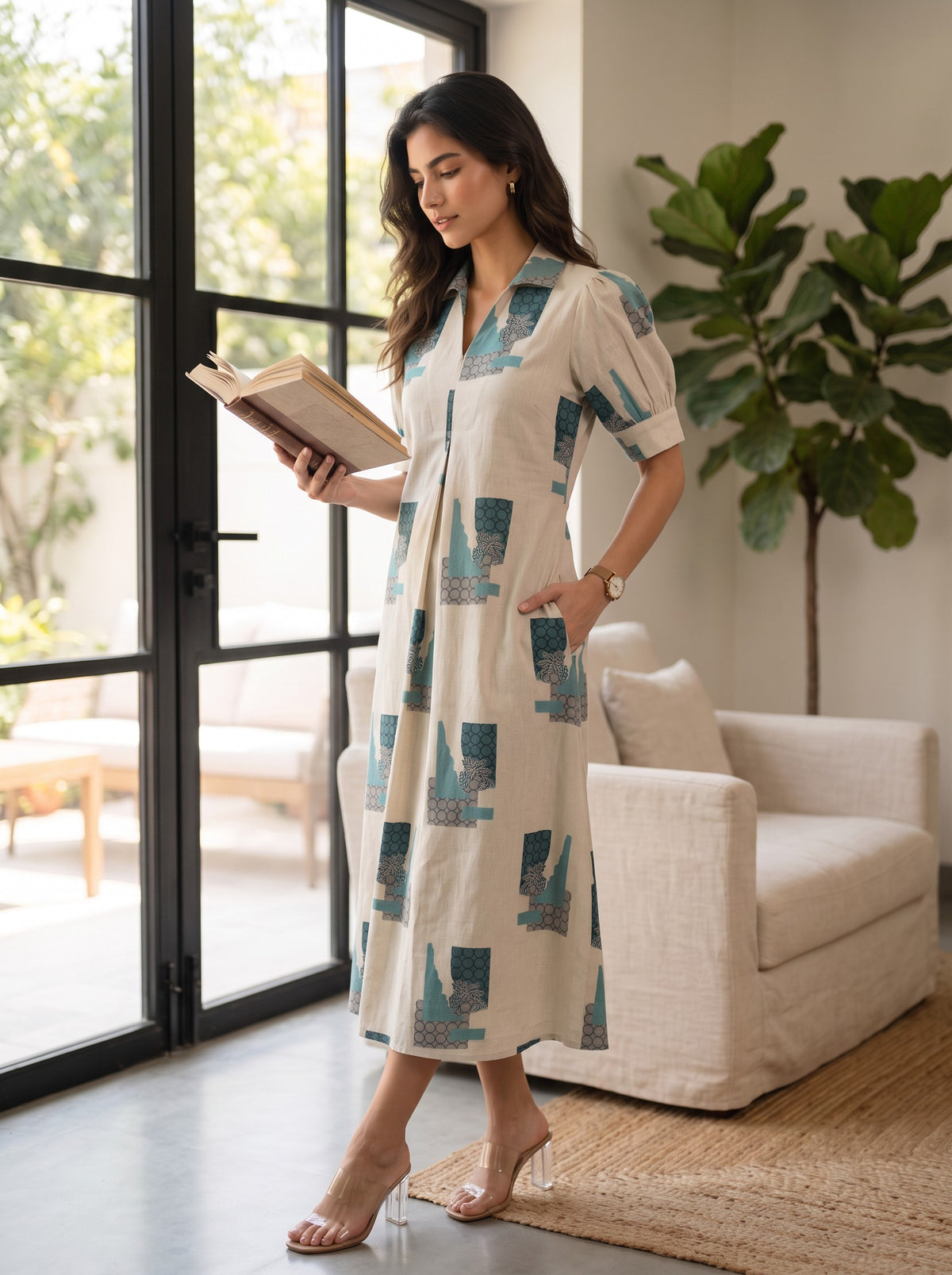Ivory & Teal Printed Midi Dress