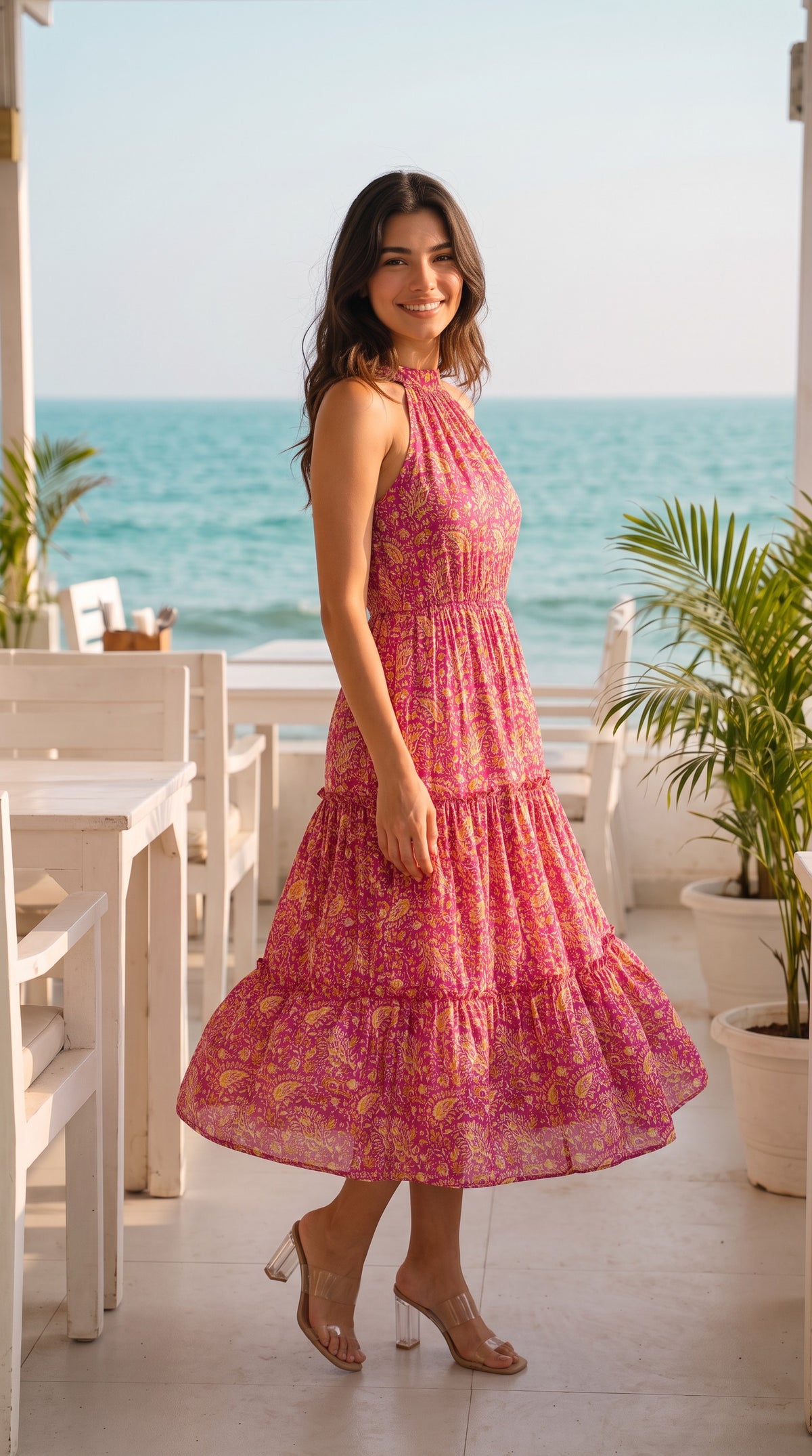 Magenta Muse Paisley Halter Neck Tiered Maxi Dress