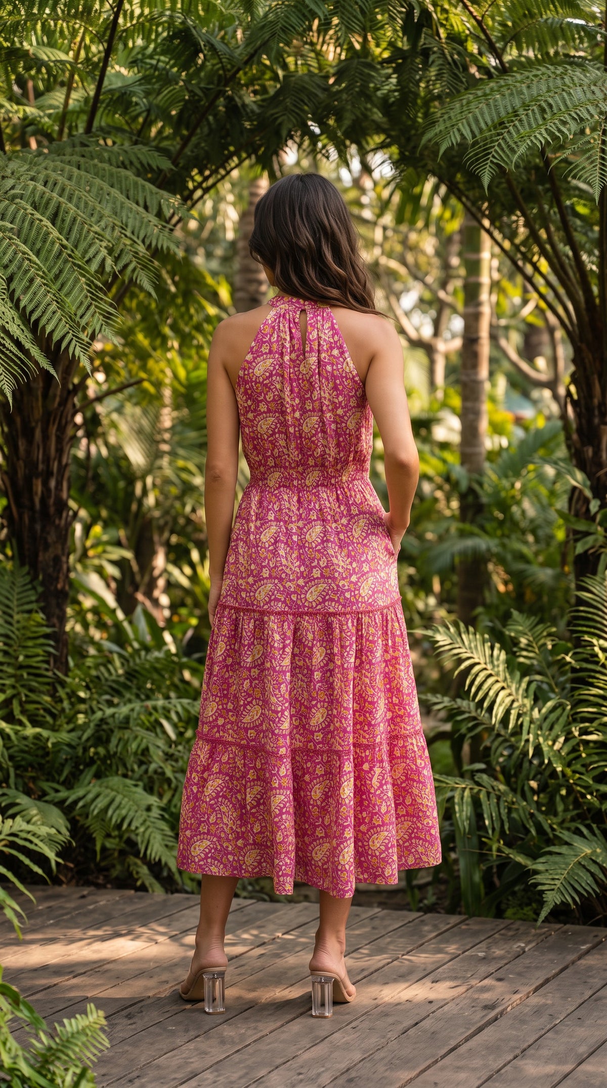 Magenta Muse Paisley Halter Neck Tiered Maxi Dress